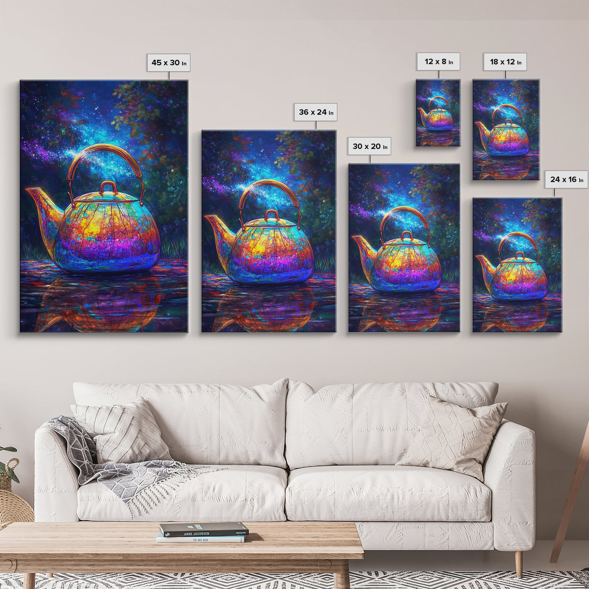 Cosmic Rainbow Teapot Under Stars Canvas Print, Whimsical Kitchen Wall Art, Unique Tea Lover Gift, Colorful Home Decor Print