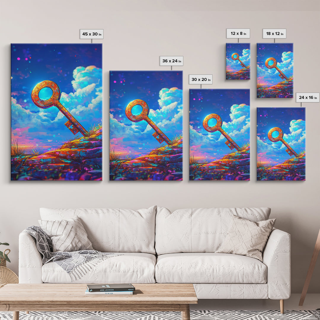Golden Key On Dreamy Hilltop Canvas Print, Whimsical Wall Art, Fantasy Decor, Celestial Art, Unique Gift, Kids Room Decor