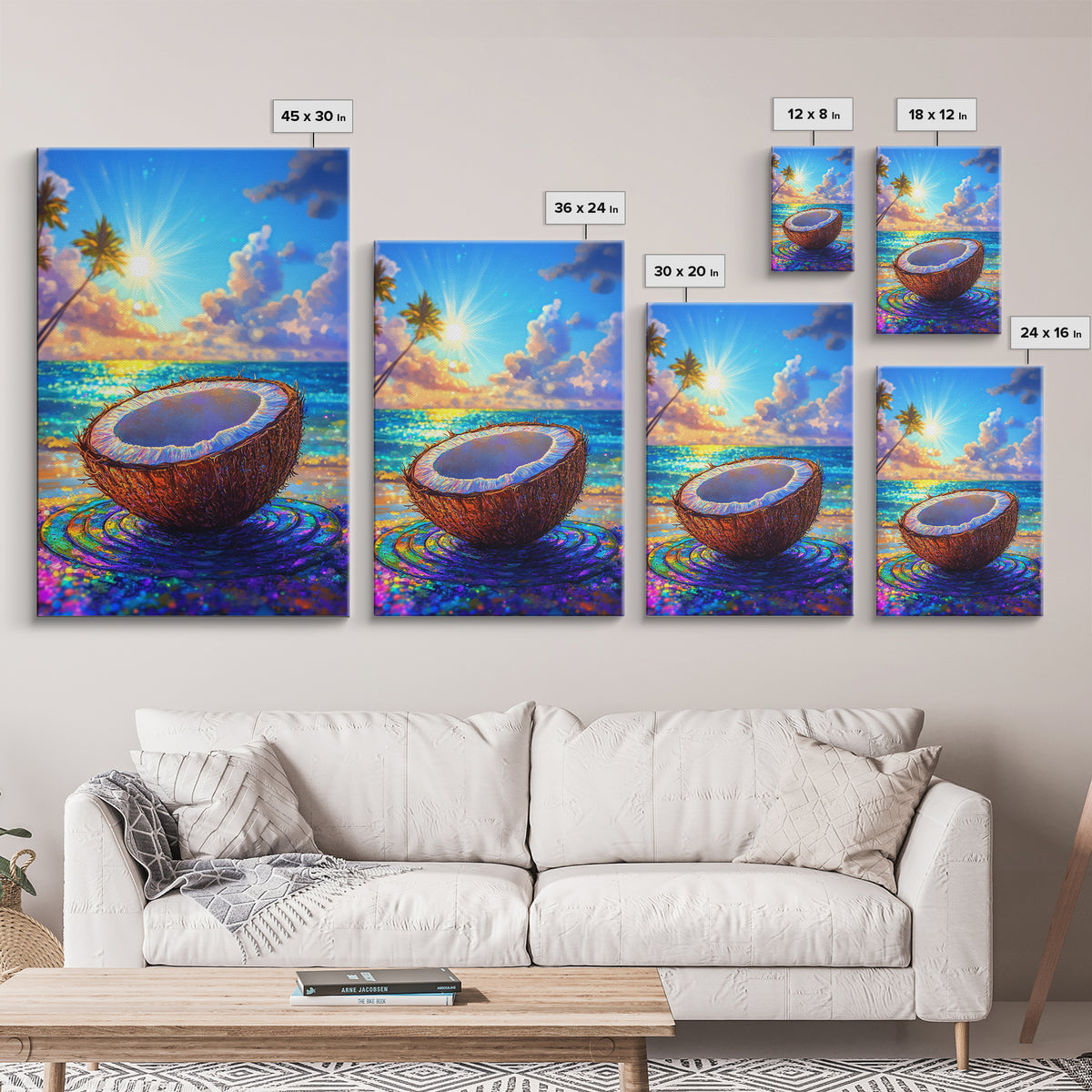 Sunlit Coconut On Tropical Beach Canvas Print, Coastal Wall Art, Beach House Decor, Summer Kitchen Art, Ocean Lover Gift
