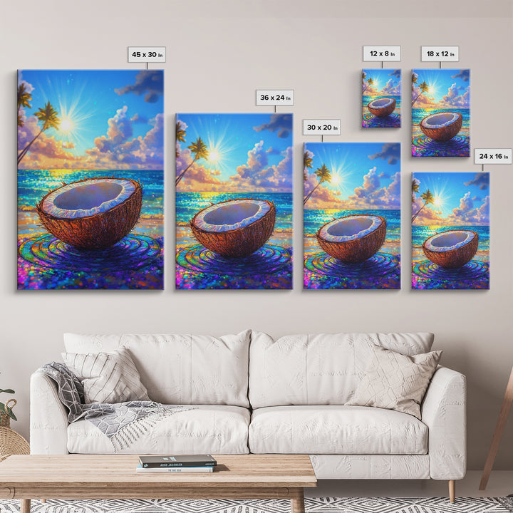 Sunlit Coconut On Tropical Beach Canvas Print, Coastal Wall Art, Beach House Decor, Summer Kitchen Art, Ocean Lover Gift