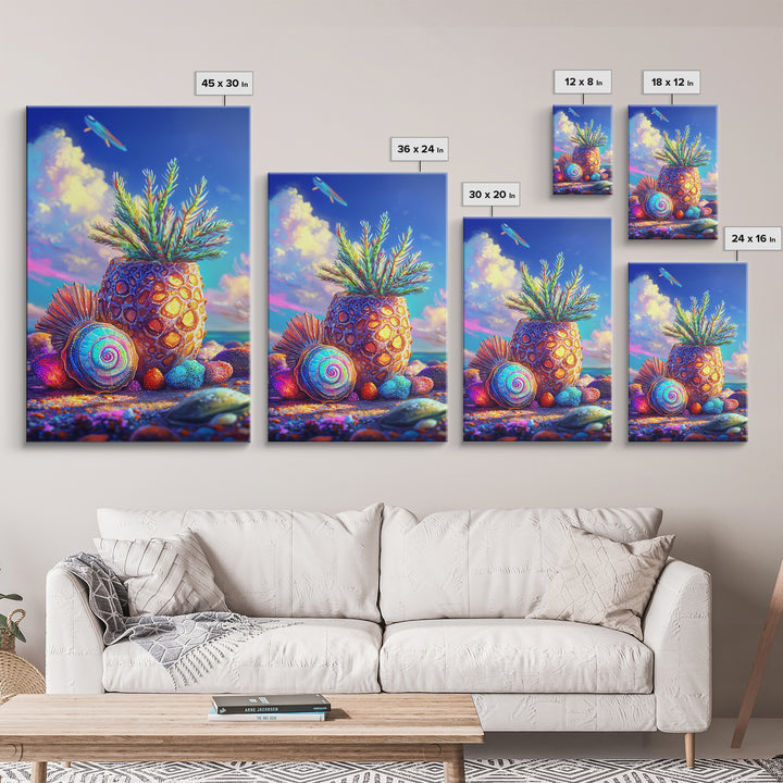 Surreal Pineapple And Seashell Canvas Print, Tropical Beach Wall Art, Colorful Coastal Decor, Whimsical Kitchen Art Print