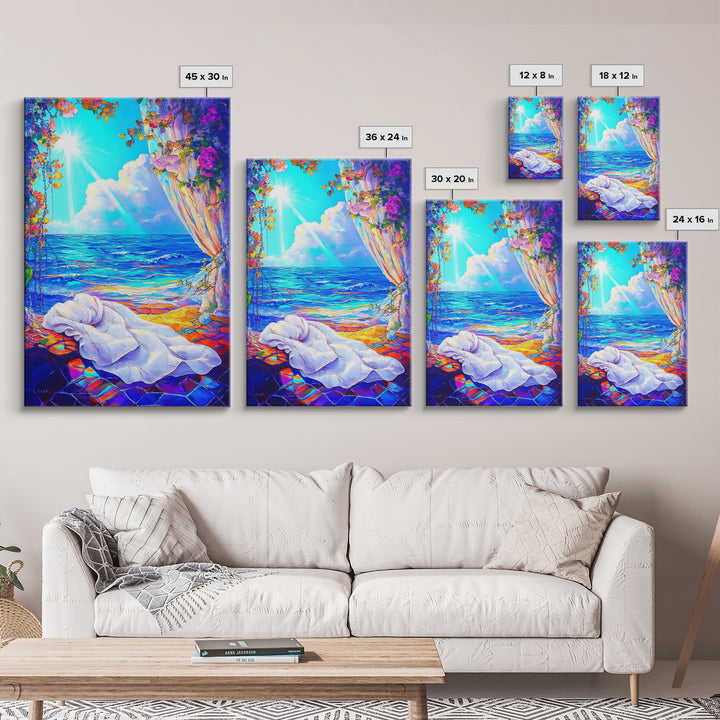 Sunlit Ocean Window And Draped Bed Framed Canvas Print, Coastal Wall Art, Beach House Decor, Romantic Seascape Bedroom Decor