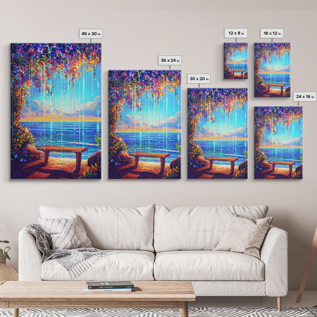 Flower Canopy Ocean Bench Framed Canvas Print, Coastal Wall Art, Tropical Beach House Decor, Romantic Seaside Artwork For Living Room