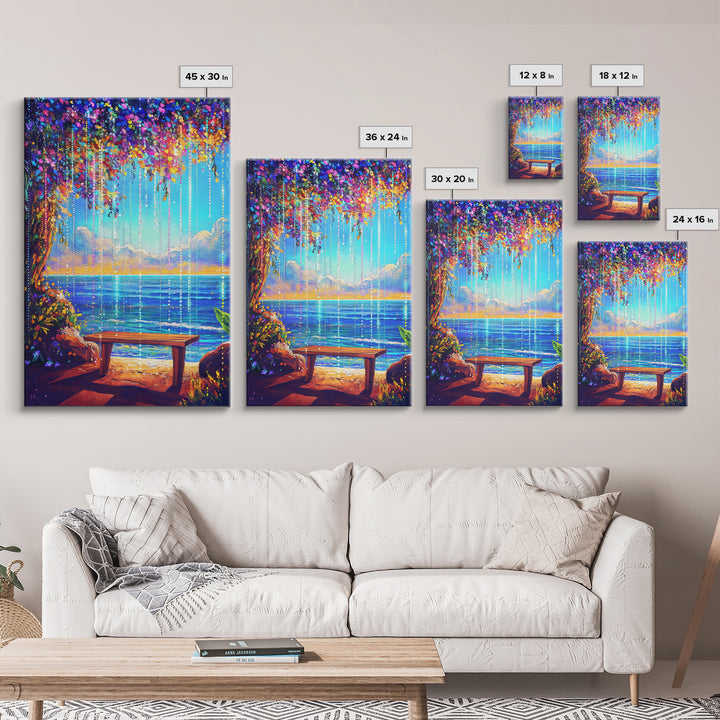 Flower Canopy Ocean Bench Framed Canvas Print, Coastal Wall Art, Tropical Beach House Decor, Romantic Seaside Artwork For Living Room