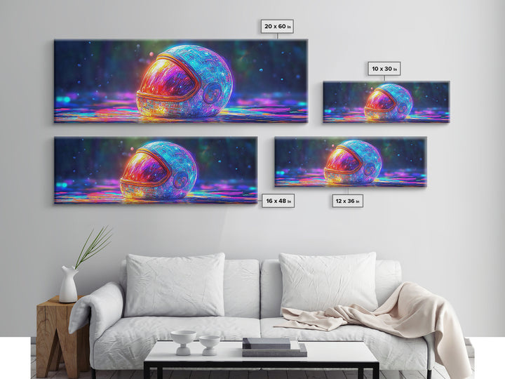 Neon Astronaut Helmet On Cosmic Rain Canvas Print, Futuristic Space Wall Art, Sci Fi Decor, Gamer Room Decor, Gift For Him