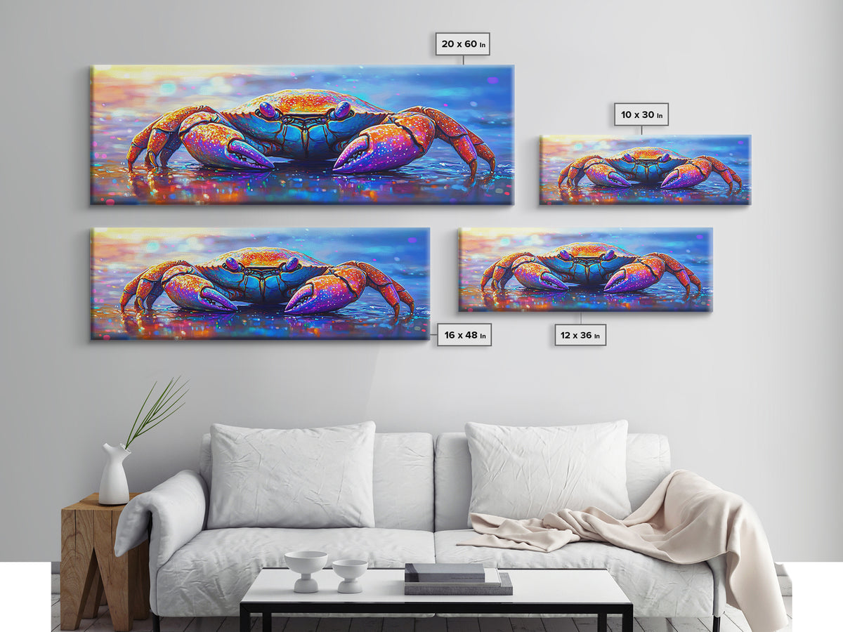 Vibrant Rainbow Crab On Wet Beach Wall Art, Coastal Ocean Animal Art, Colorful Beach House Decor, Nautical Canvas Print Art