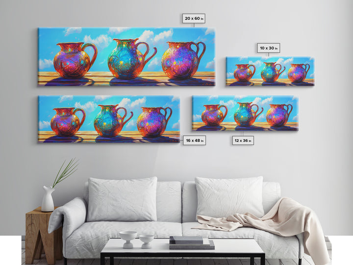 Three Colorful Ceramic Pitchers In Sunlit Courtyard Wall Art, Rustic Kitchen Decor, Mediterranean Canvas Print, Dining Room Art
