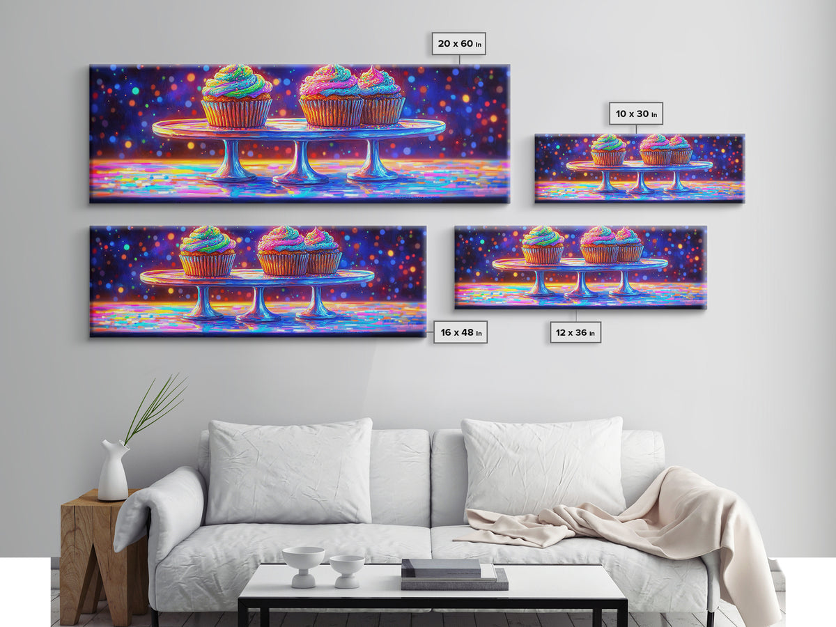 Rainbow Frosted Cupcakes On Glass Cake Stands Wall Art, Bakery Kitchen Decor, Dessert Art Print, Colorful Canvas Print Gift