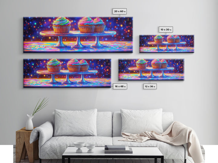 Rainbow Frosted Cupcakes On Glass Cake Stands Wall Art, Bakery Kitchen Decor, Dessert Art Print, Colorful Canvas Print Gift