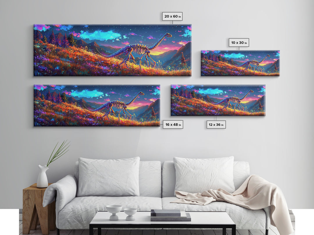 Glowing Dinosaur Skeleton In Mountain Meadow Canvas Print, Fantasy Wall Art, Landscape Art, Colorful Wall Decor, Kids Room Art