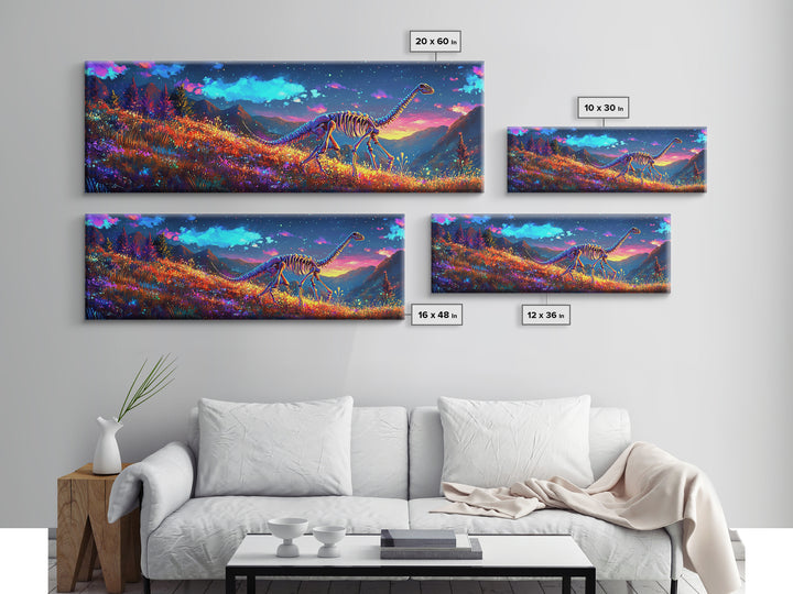 Glowing Dinosaur Skeleton In Mountain Meadow Canvas Print, Fantasy Wall Art, Landscape Art, Colorful Wall Decor, Kids Room Art