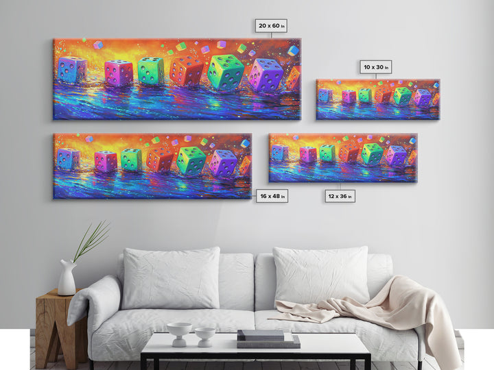 Row Of Rainbow Dice On Reflective Table Canvas Print, Game Room Wall Art, Colorful Wall Decor, Gamer Gift, Modern Wall Art