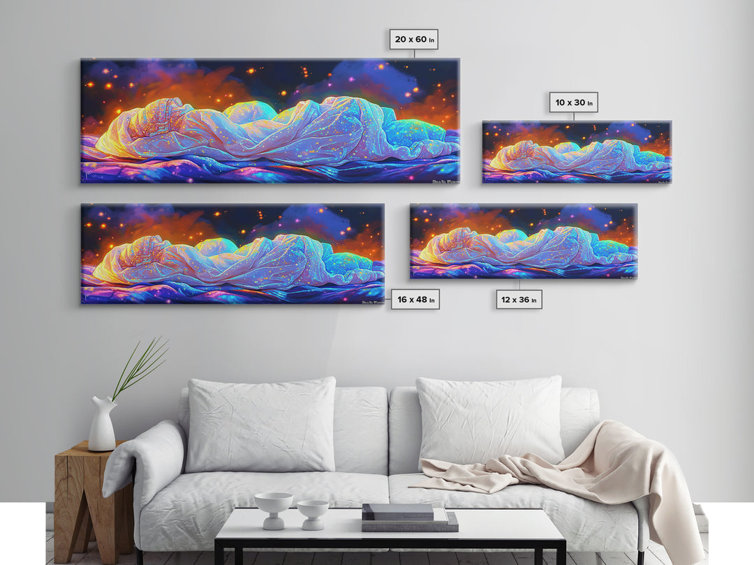 Glowing Sleeping Figure Under Starry Blanket Canvas Print, Sweet Dreams Wall Art, Cozy Bedroom Decor, Ethereal Dreamy Wall Decor