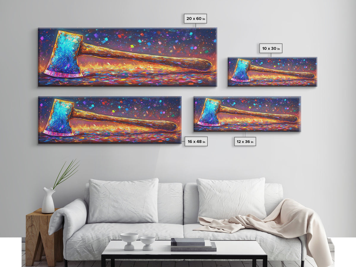 Vibrant Rainbow Axe On Glittering Ground Canvas Print, Rustic Wall Art, Garage Decor, Man Cave Decor, Unique Gift For Him