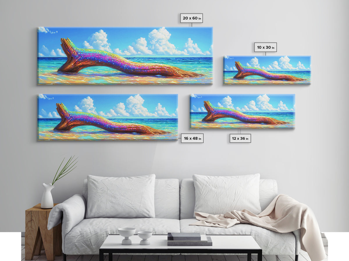 Rainbow Driftwood On Turquoise Beach Canvas Print, Coastal Wall Art, Beach House Decor, Ocean Wall Decor, Tropical Home Decor