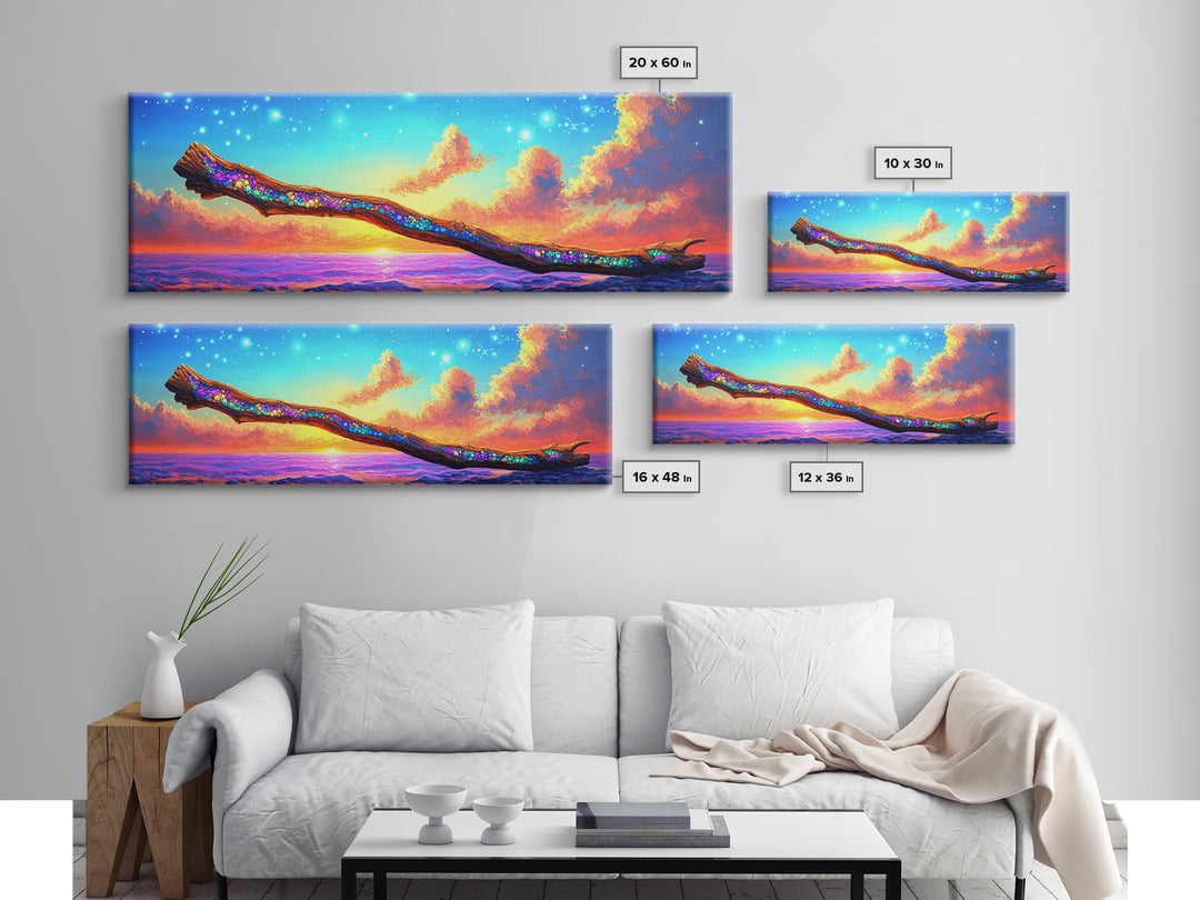 Glittering Branch Over Sunset Ocean Framed Canvas Print, Coastal Wall Art, Seascape Art, Beach House Decor, Summer Vibes
