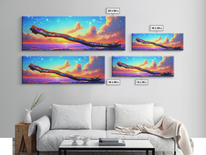 Glittering Branch Over Sunset Ocean Framed Canvas Print, Coastal Wall Art, Seascape Art, Beach House Decor, Summer Vibes