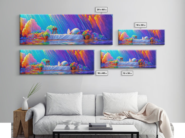 Surreal White Bed With Moonlit Egg Framed Canvas Print, Whimsical Wall Art, Maximalist Decor, Romantic Dreamy Bedroom Wall Decor