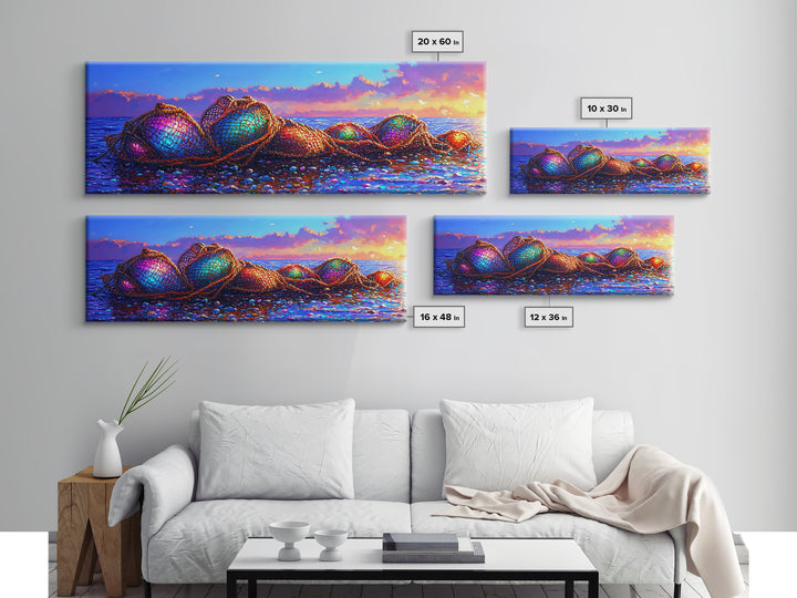 Rainbow Fishing Nets On Pebble Shore Framed Canvas Print, Coastal Wall Art, Beach House Decor, Nautical Living Room Decor
