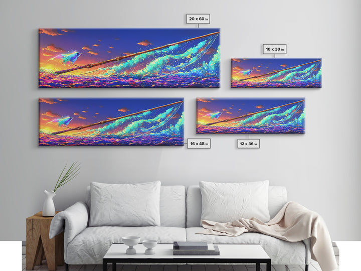 Glowing Sailboat On Sunset Waves Canvas Print, Nautical Wall Art, Ocean Decor, Vibrant Coastal Art For Beach House Decor