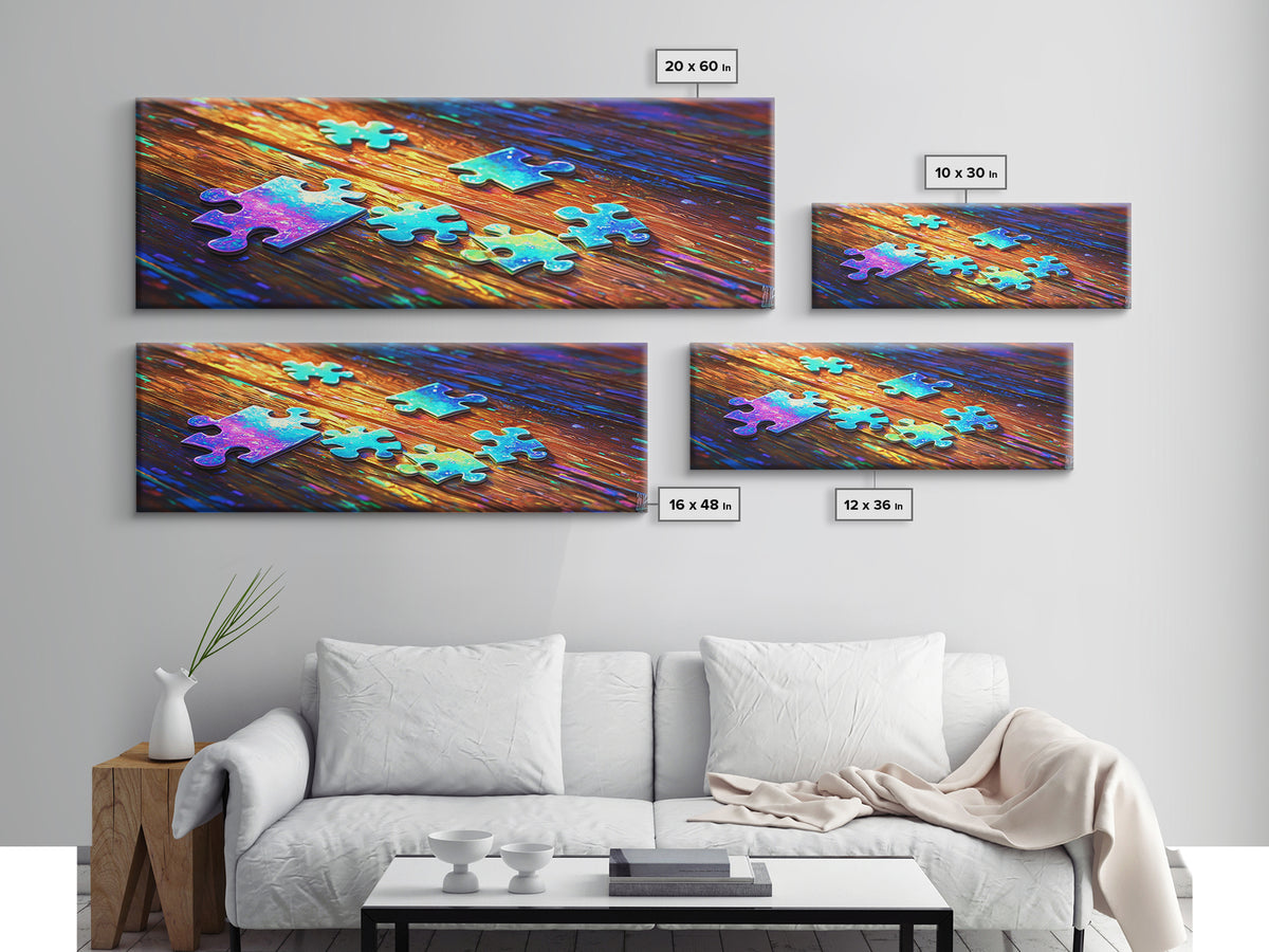 Rainbow Puzzle Pieces On Wood Table Canvas Print, Game Room Wall Art, Colorful Abstract Art, Playroom Decor, Unique Gift
