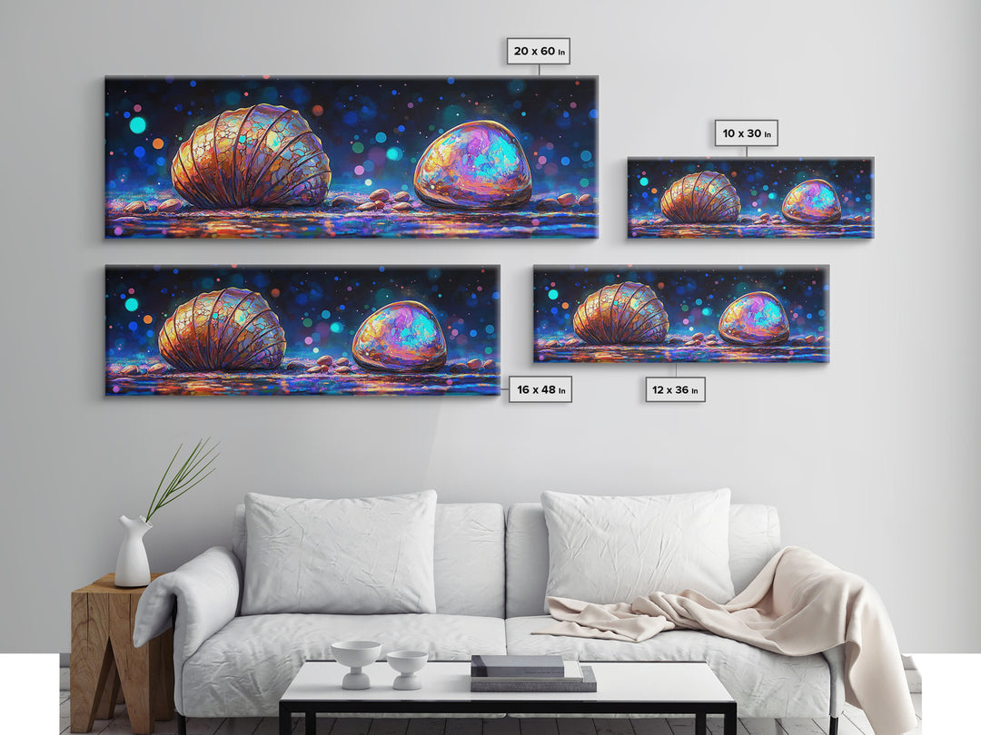 Glowing Seashell And Polished Stone Framed Canvas Print, Coastal Wall Art, Ocean Decor, Beach House Decor, Nautical Gift