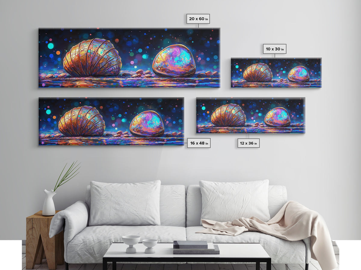 Glowing Seashell And Polished Stone Framed Canvas Print, Coastal Wall Art, Ocean Decor, Beach House Decor, Nautical Gift