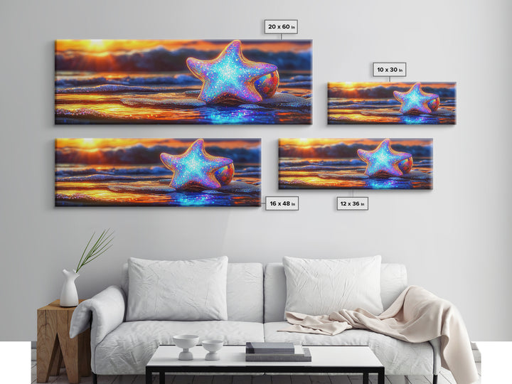 Glowing Starfish On Sunset Beach Wall Art, Coastal Canvas Print, Ocean Wall Decor, Beach House Gift, Colorful Seascape Art