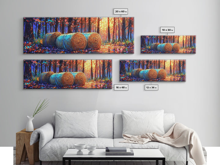 Golden Hay Bales In Autumn Forest Wall Art, Rustic Farmhouse Decor, Landscape Art Print, Country Home Decor, Cabin Wall Art