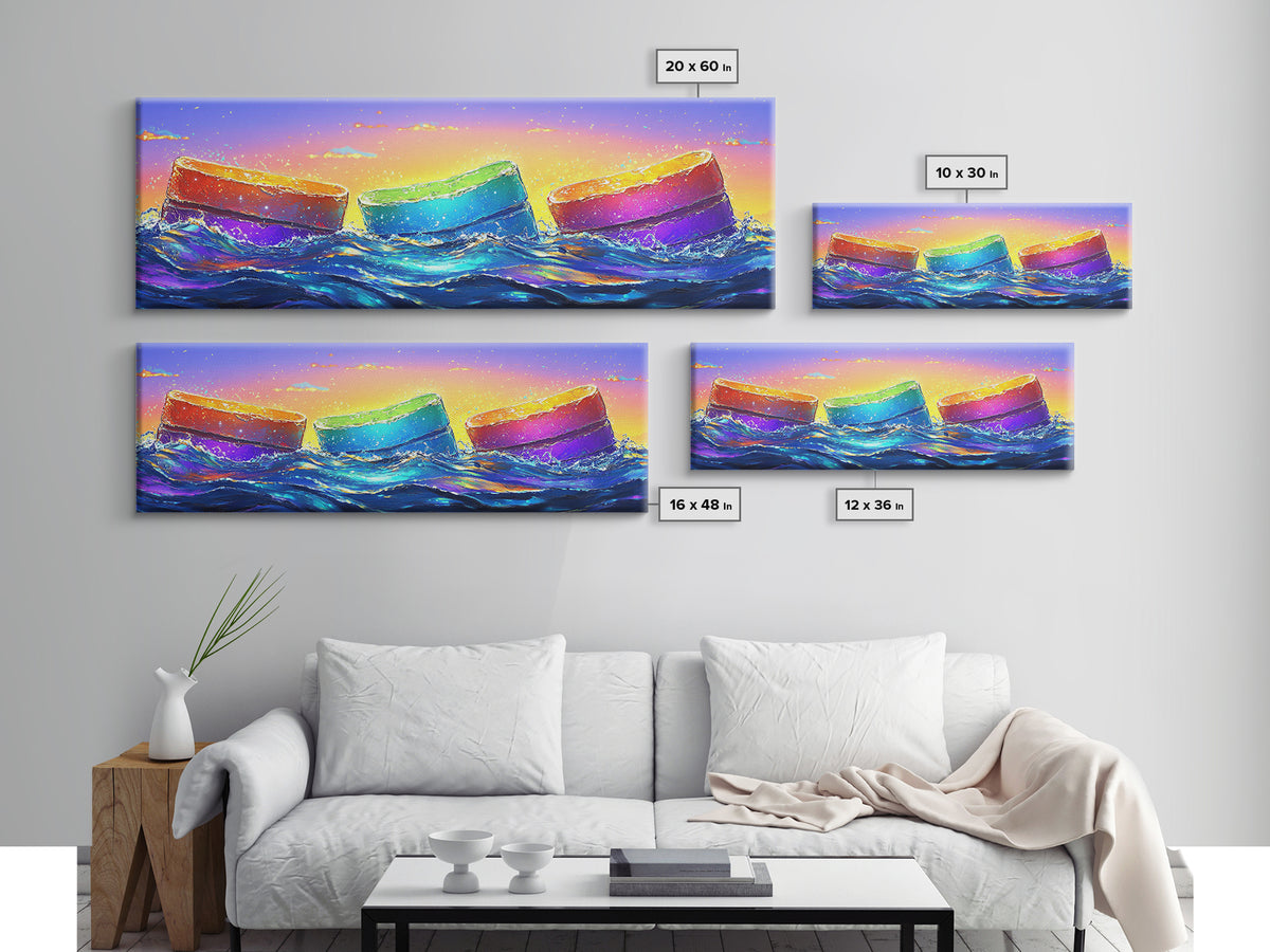 Rainbow Buoys In Ocean Waves Canvas Print, Coastal Wall Art, Colorful Beach House Decor, Modern Summer Living Room Wall Art