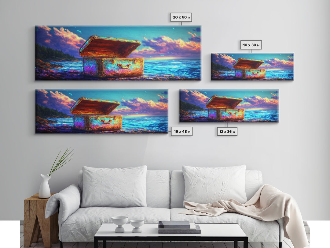 Open Treasure Chest On Neon Beach Canvas Print, Coastal Wall Art, Fantasy Ocean Decor, Beach House Decor, Housewarming Gift