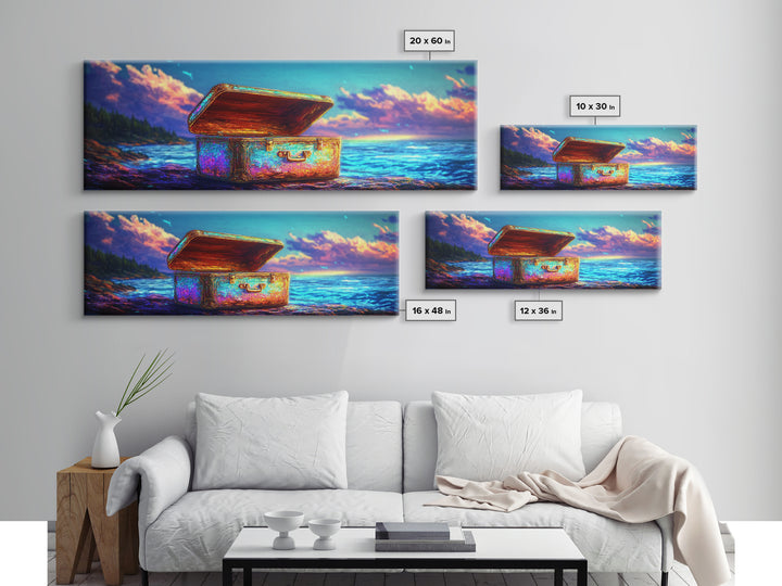 Open Treasure Chest On Neon Beach Canvas Print, Coastal Wall Art, Fantasy Ocean Decor, Beach House Decor, Housewarming Gift