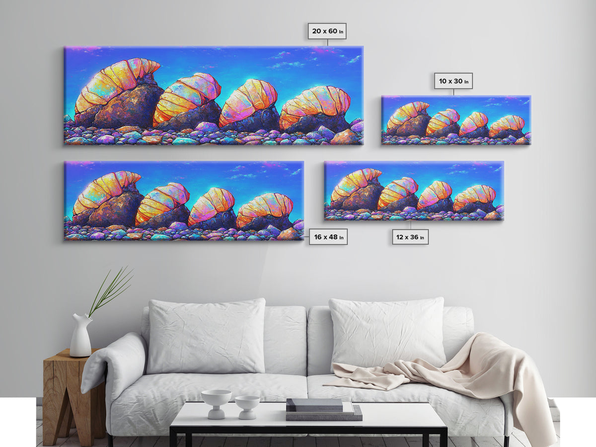 Iridescent Hermit Crabs On Pebble Shore Canvas Print, Coastal Wall Art, Beach House Decor, Ocean Art, Nautical Decor, Gift