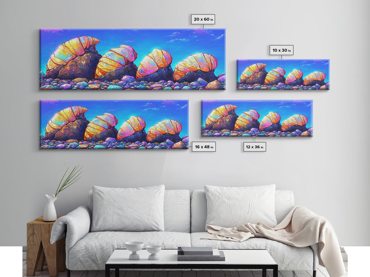 Iridescent Hermit Crabs On Pebble Shore Canvas Print, Coastal Wall Art, Beach House Decor, Ocean Art, Nautical Decor, Gift