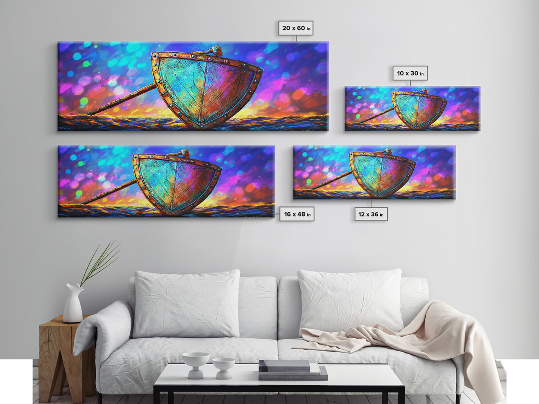 Iridescent Viking Shield And Spear Canvas Print, Fantasy Wall Art, Norse Decor, Medieval Warrior Gift For Him, Game Room Decor