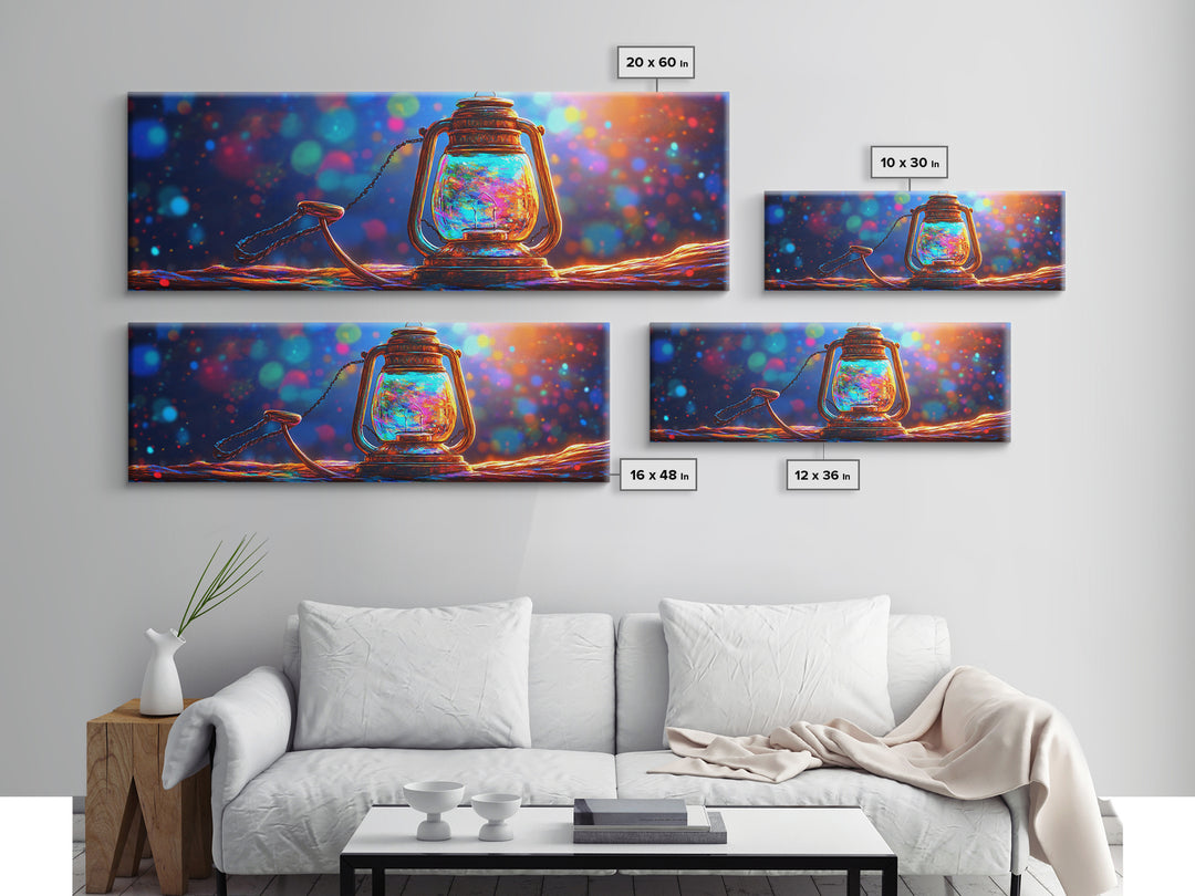 Glowing Jar Lantern With Rope Framed Canvas Print, Colorful Rustic Wall Art, Coastal Cabin Decor, Unique Housewarming Gift