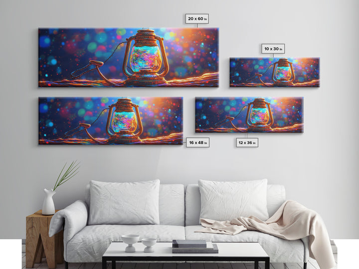 Glowing Jar Lantern With Rope Framed Canvas Print, Colorful Rustic Wall Art, Coastal Cabin Decor, Unique Housewarming Gift