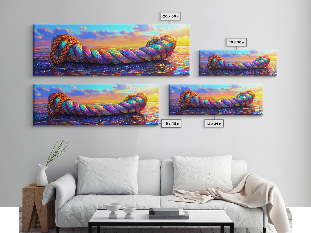 Rainbow Nautical Rope At Sunset Wall Art, Coastal Beach House Decor, Ocean Canvas Print, Tropical Seascape Art Gift For Her