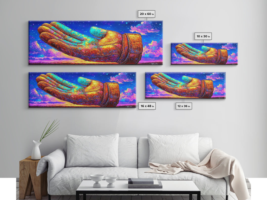 Surreal Leather Glove Floating In Starry Sky Canvas Print, Whimsical Fantasy Wall Art, Colorful Dream Decor, Unique Gift
