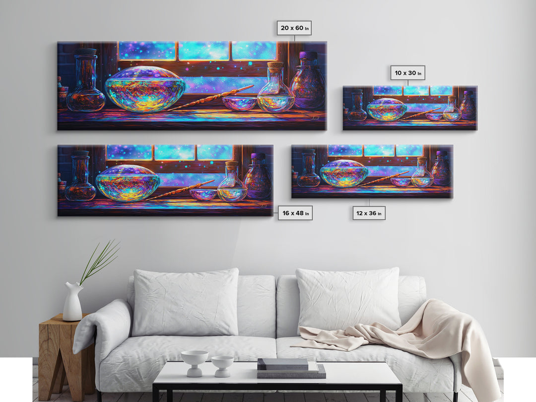 Enchanted Potion Bottles And Wand By Window, Fantasy Wall Art, Magical Canvas Print, Dark Academia Decor For Office Home Decor