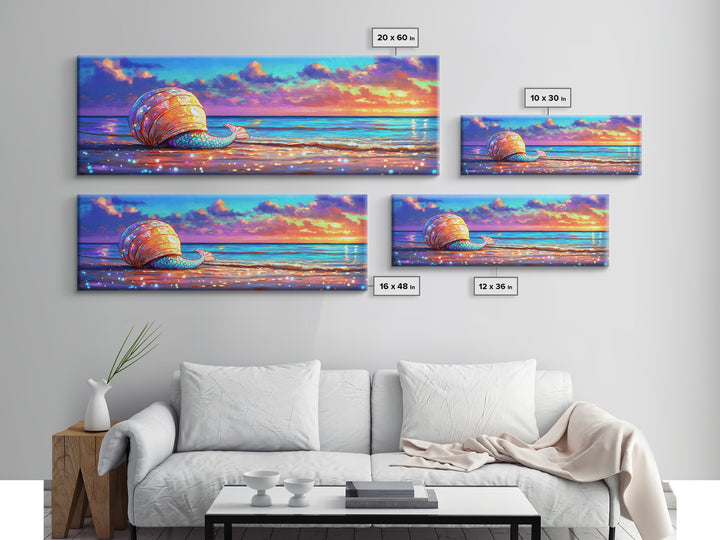Glowing Seashell Mermaid Tail Wall Art, Coastal Canvas Print, Beach House Decor, Ocean Sunset Art For Nautical Nursery Room
