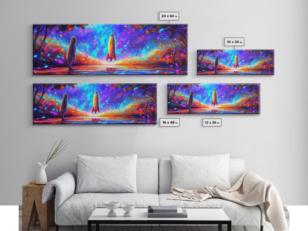 Rocket Launch Through Neon Forest Canvas Print, Futuristic Space Wall Art, Sci Fi Room Decor, Adventure Poster Gift For Him
