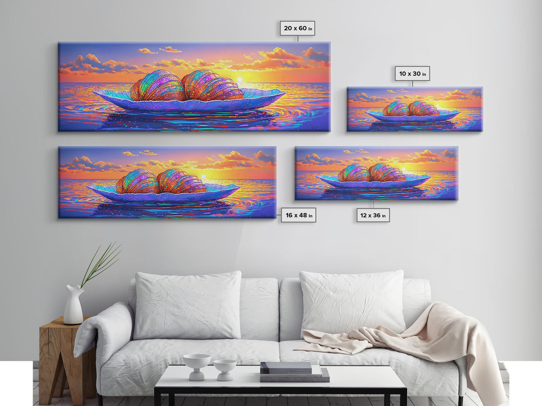 Rainbow Seashells On Ocean Leaf Canvas Print, Coastal Wall Art, Beach House Decor, Seascape Art Print, Blue Ocean Wall Decor