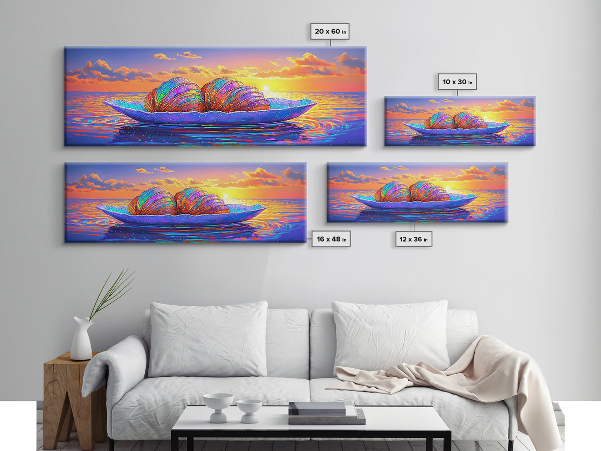 Rainbow Seashells On Ocean Leaf Canvas Print, Coastal Wall Art, Beach House Decor, Seascape Art Print, Blue Ocean Wall Decor