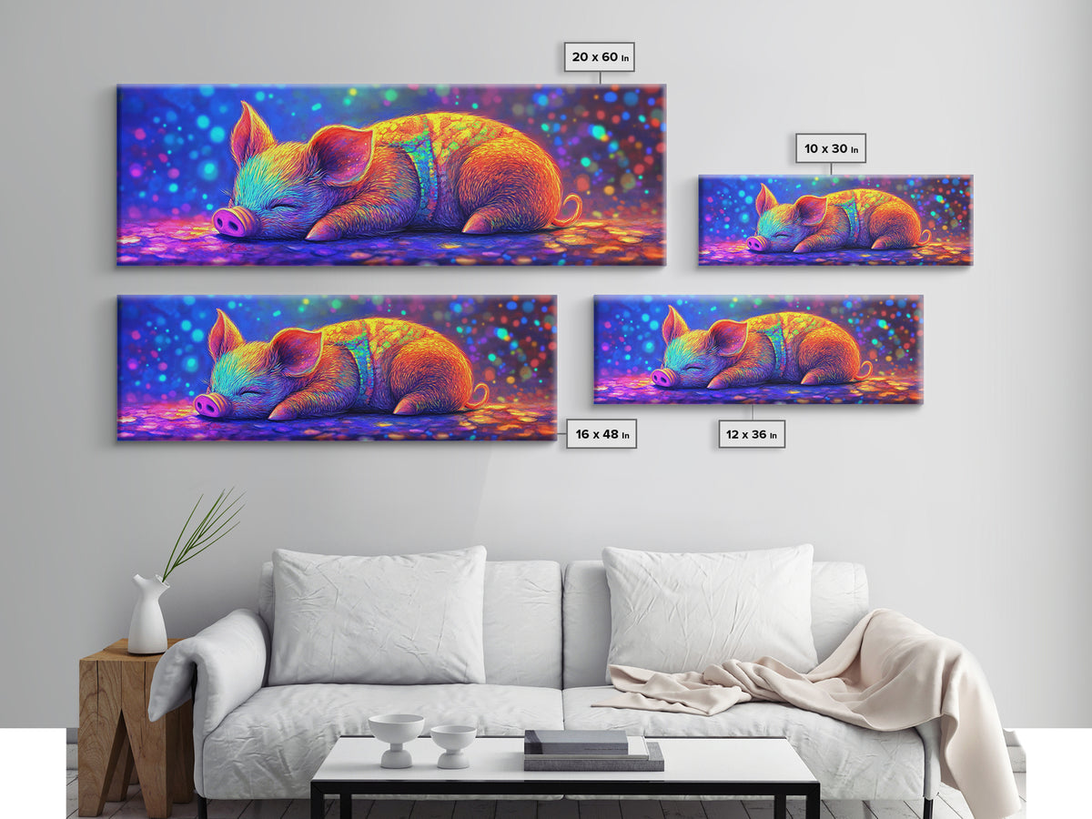 Sleeping Piglet In Rainbow Light Canvas Print, Cute Animal Wall Art, Nursery Decor, Farm Animal Art, Kids Room Wall Decor