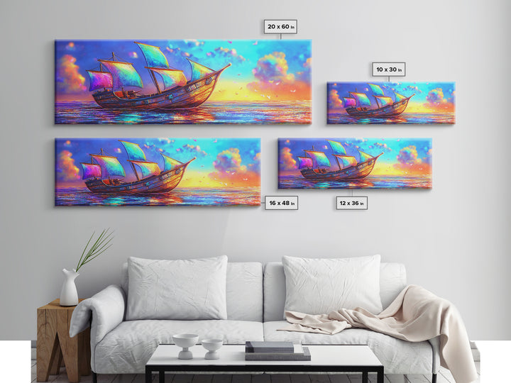 Colorful Fantasy Sailboat At Sunset Canvas Print, Nautical Coastal Wall Art, Ocean Landscape Decor, Beach House Gift Idea