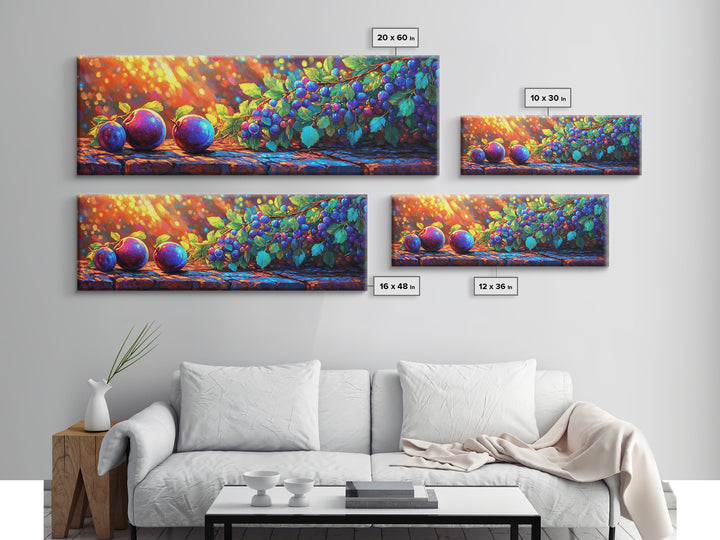 Sunlit Plums And Grapes Wall Art, Vibrant Fruit Canvas Print For Kitchen Decor, Winery Decor And Rustic Country Decor And Dining Room Prints