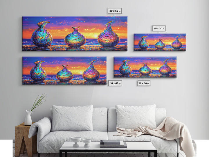 Iridescent Glass Vases At Ocean Sunset Framed Canvas Print, Coastal Wall Art, Colorful Still Life, Beach House Decor Gift
