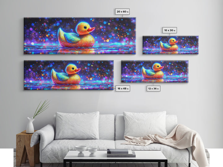 Rainbow Rubber Duck On Sparkling Water Wall Art, Whimsical Bathroom Decor, Kids Room Art, Cute Animal Canvas Print, Gift For Kids