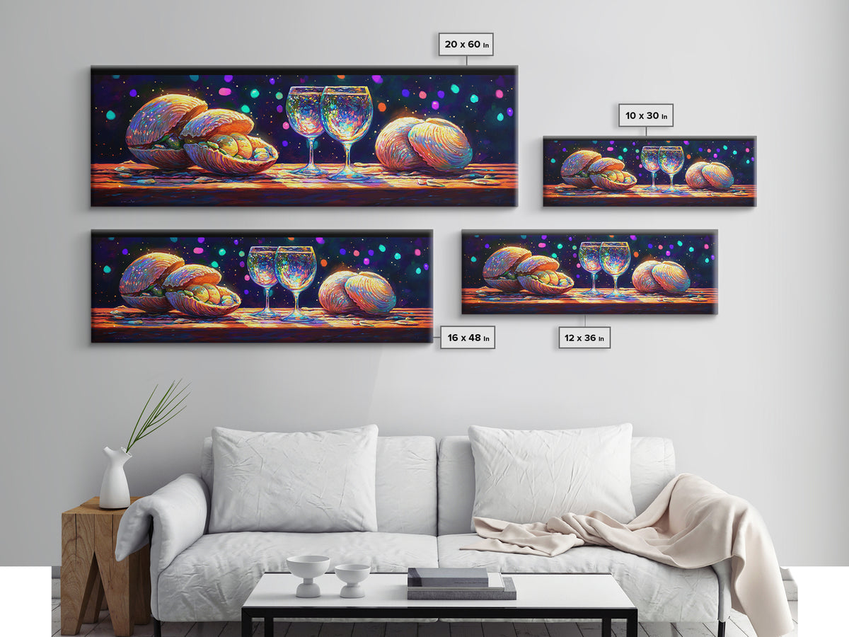 Iridescent Seashells And Wine Glasses Canvas Print, Coastal Kitchen Wall Art, Beach House Decor, Dining Room Print, Gift For Her